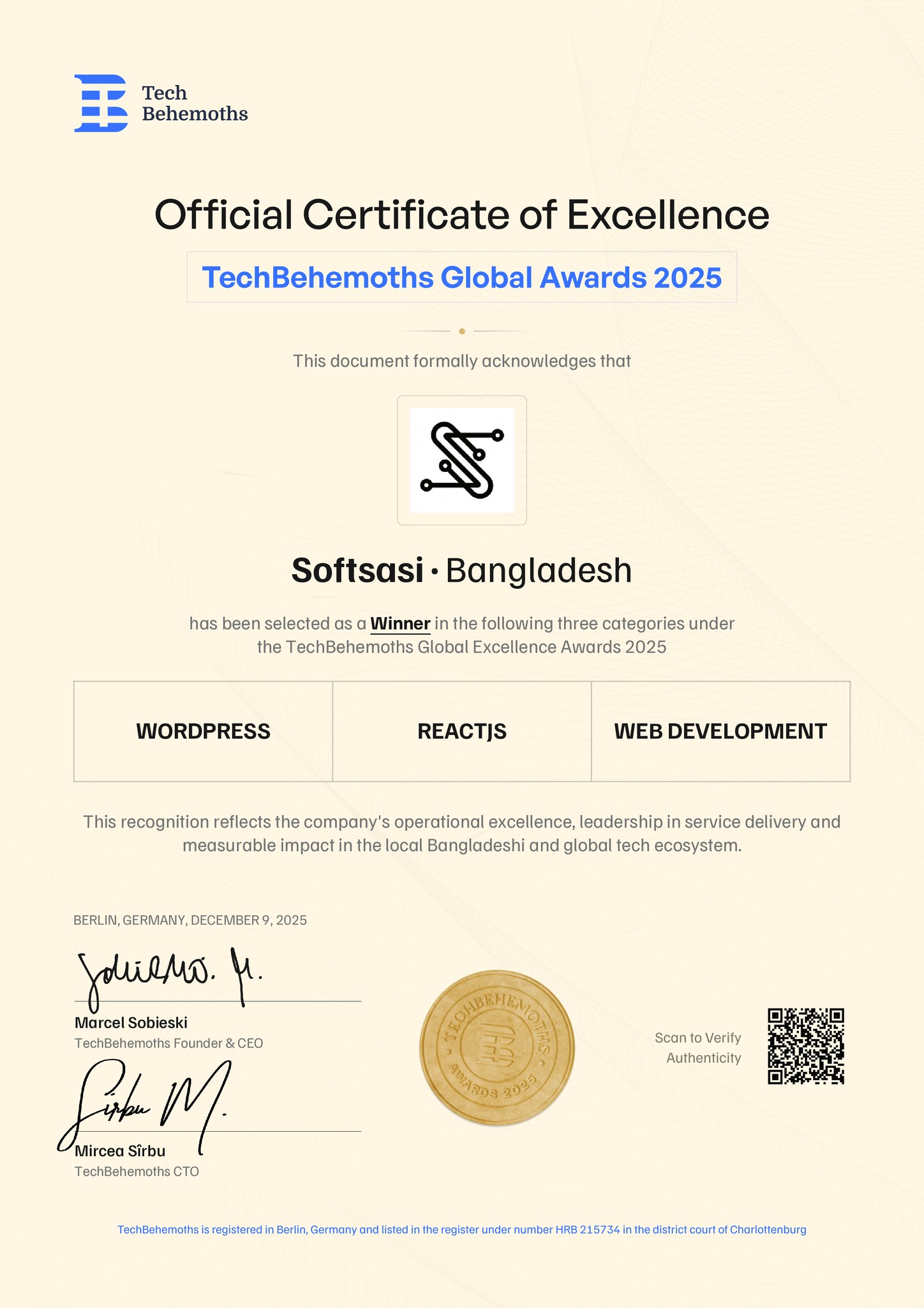 Verified Certificate TechBehemoths_Award_2025
