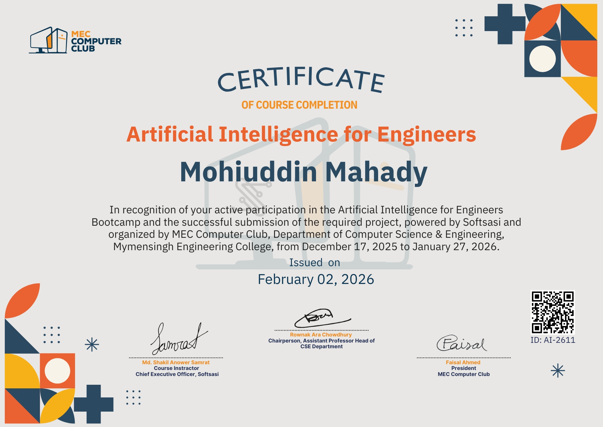 Verified Certificate COURSE-AI-2611