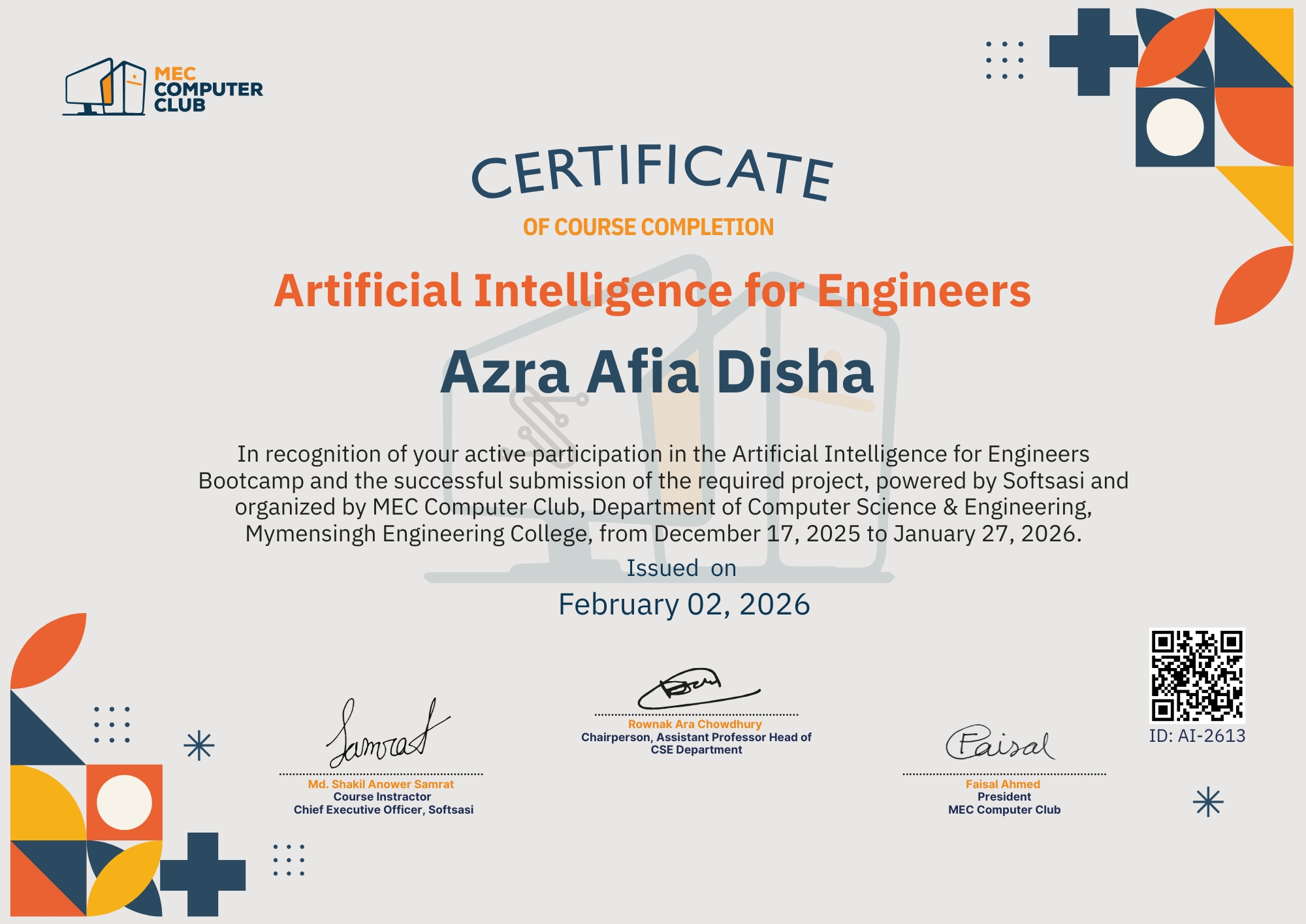 Verified Certificate COURSE-AI-2613