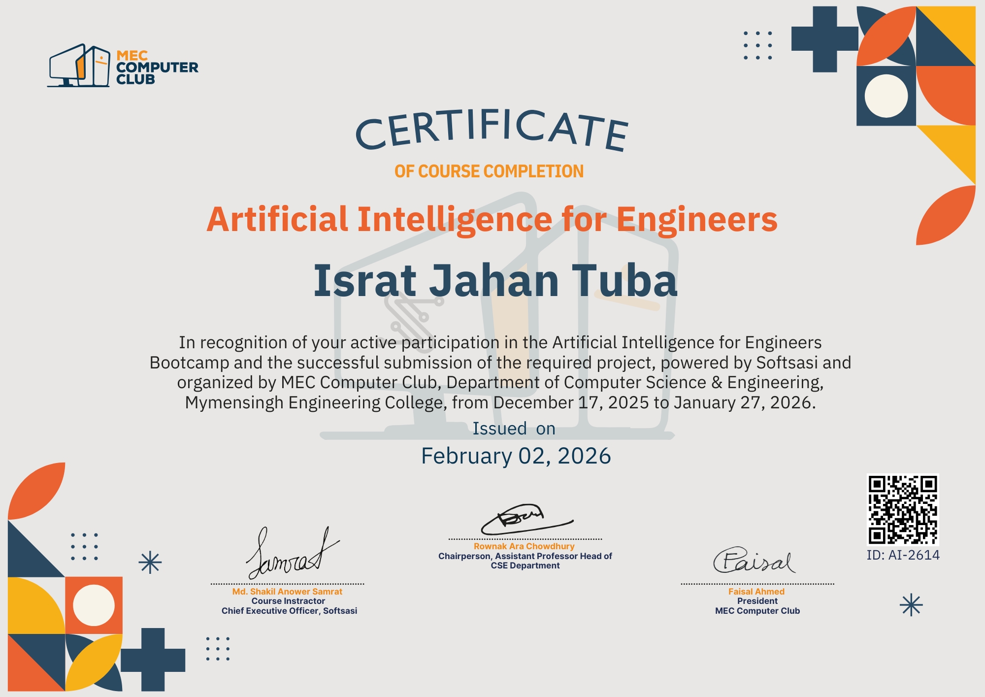 Verified Certificate COURSE-AI-2614