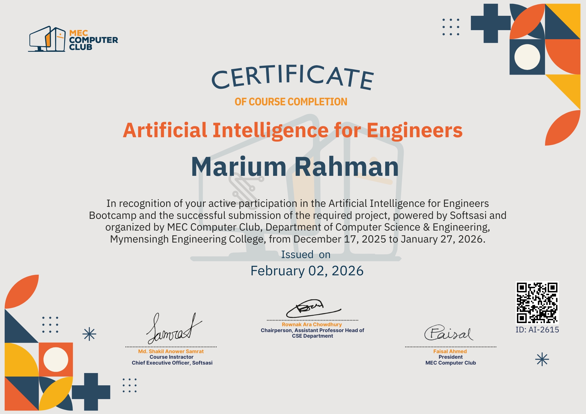 Verified Certificate COURSE-AI-2615