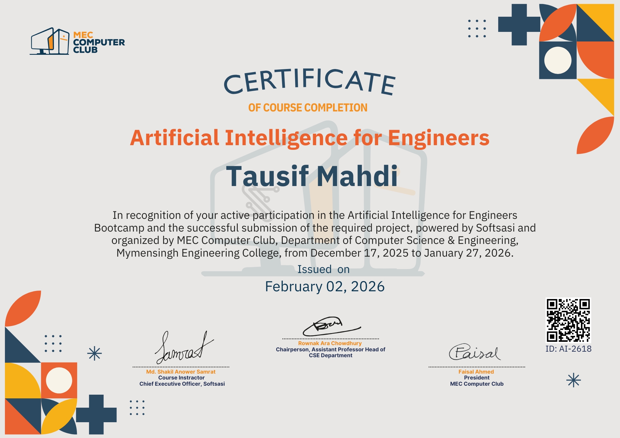 Verified Certificate COURSE-AI-2618