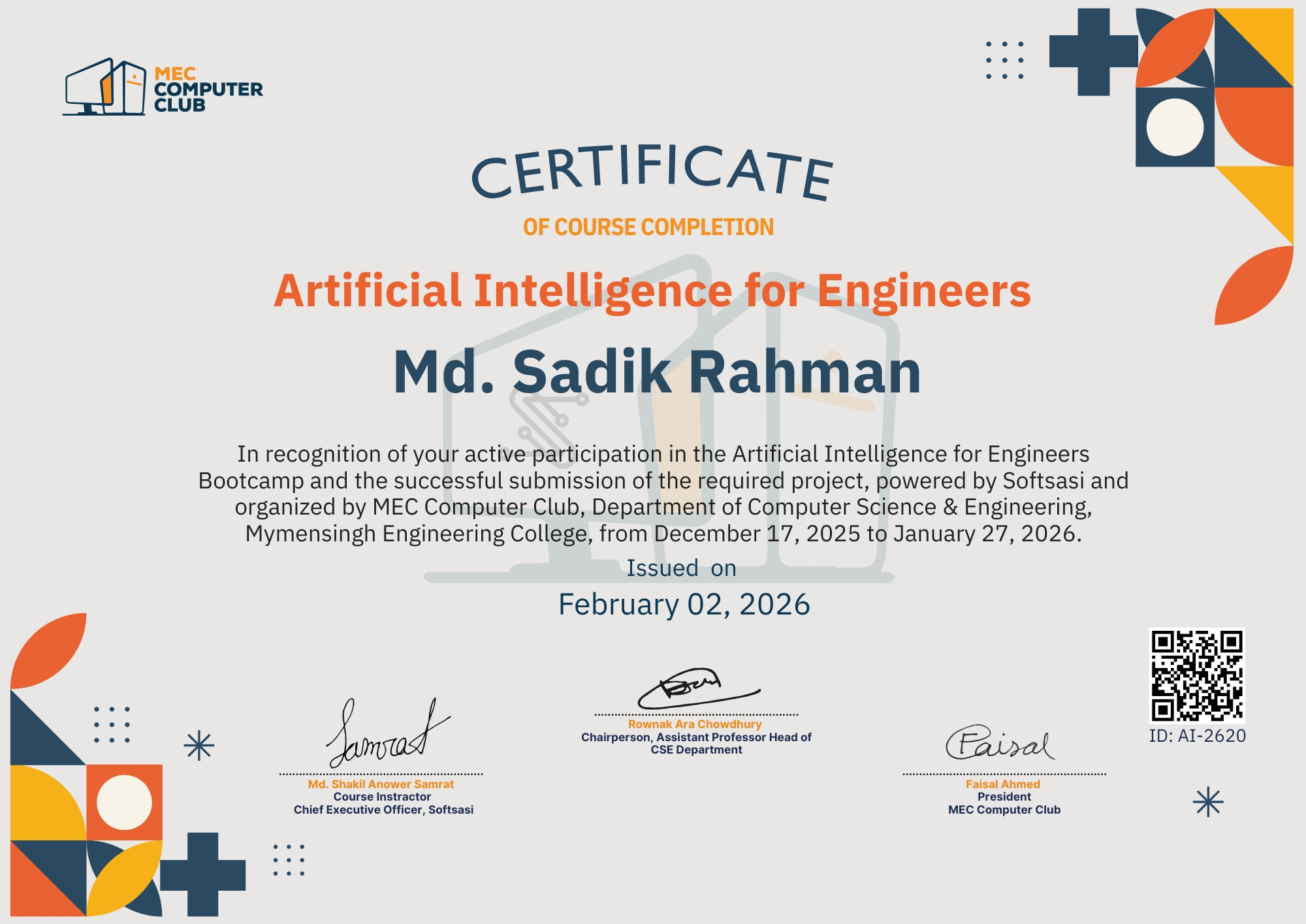 Verified Certificate COURSE-AI-2620