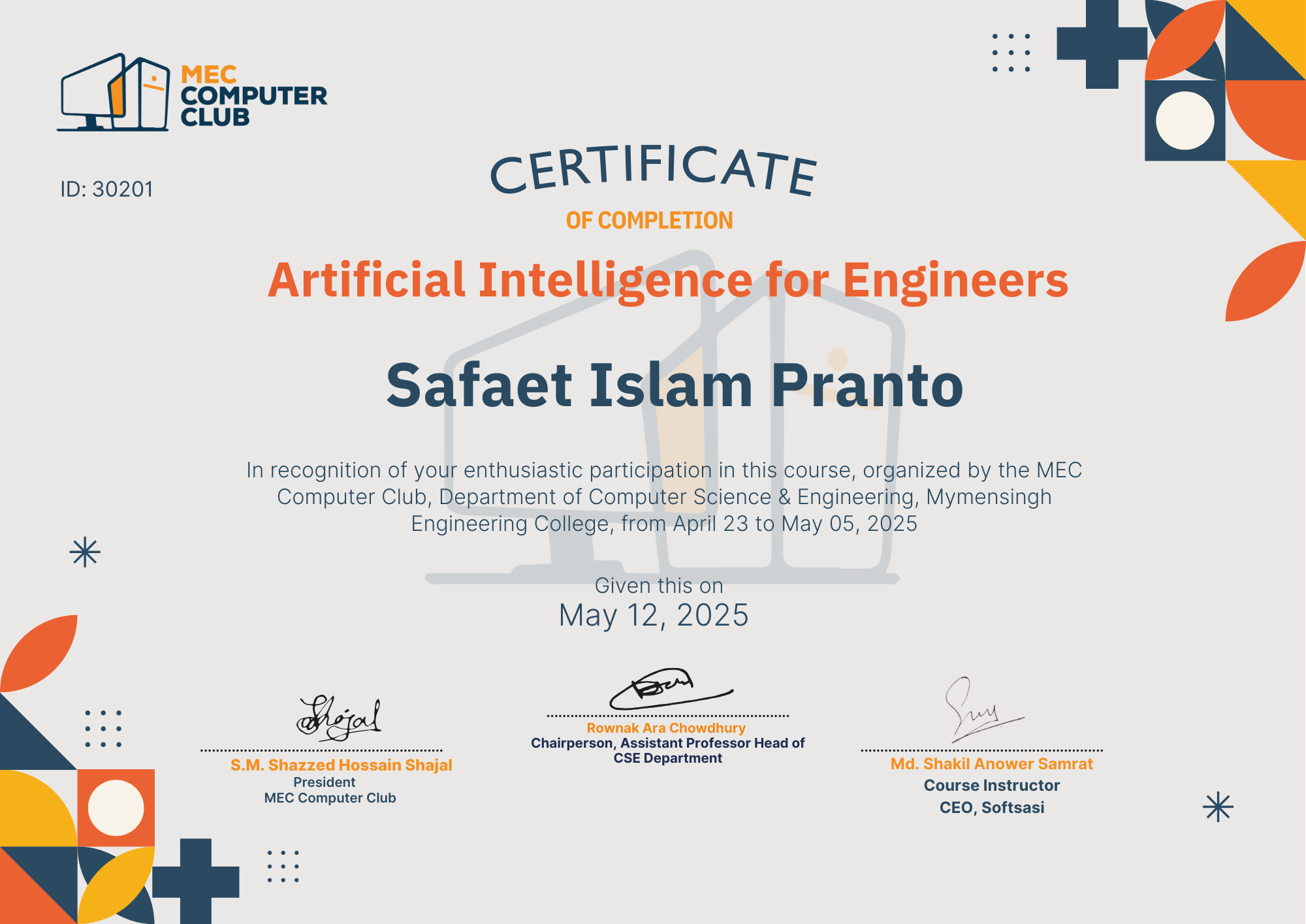 Verified Certificate COURSE-AI-30201