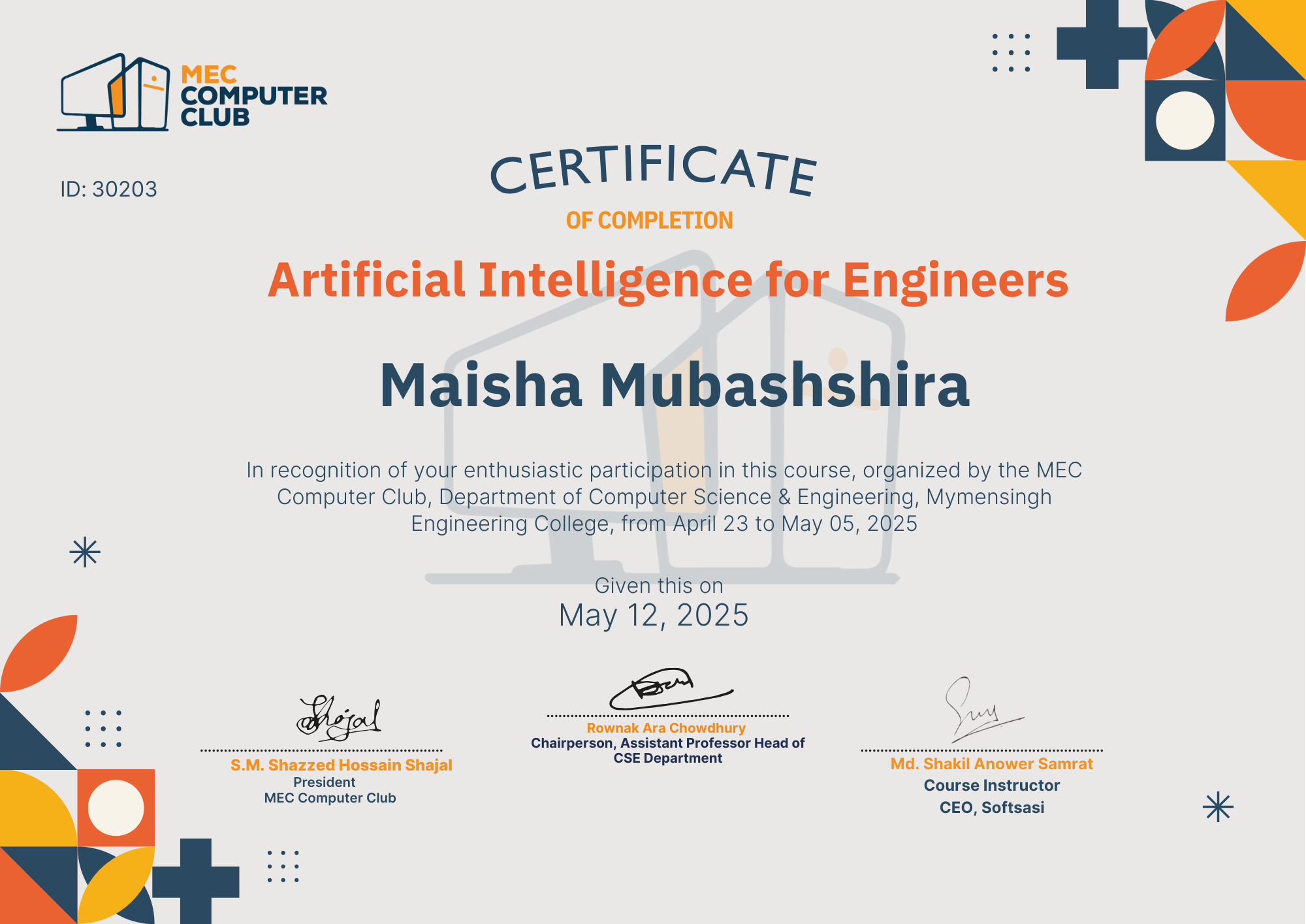 Verified Certificate COURSE-AI-30203