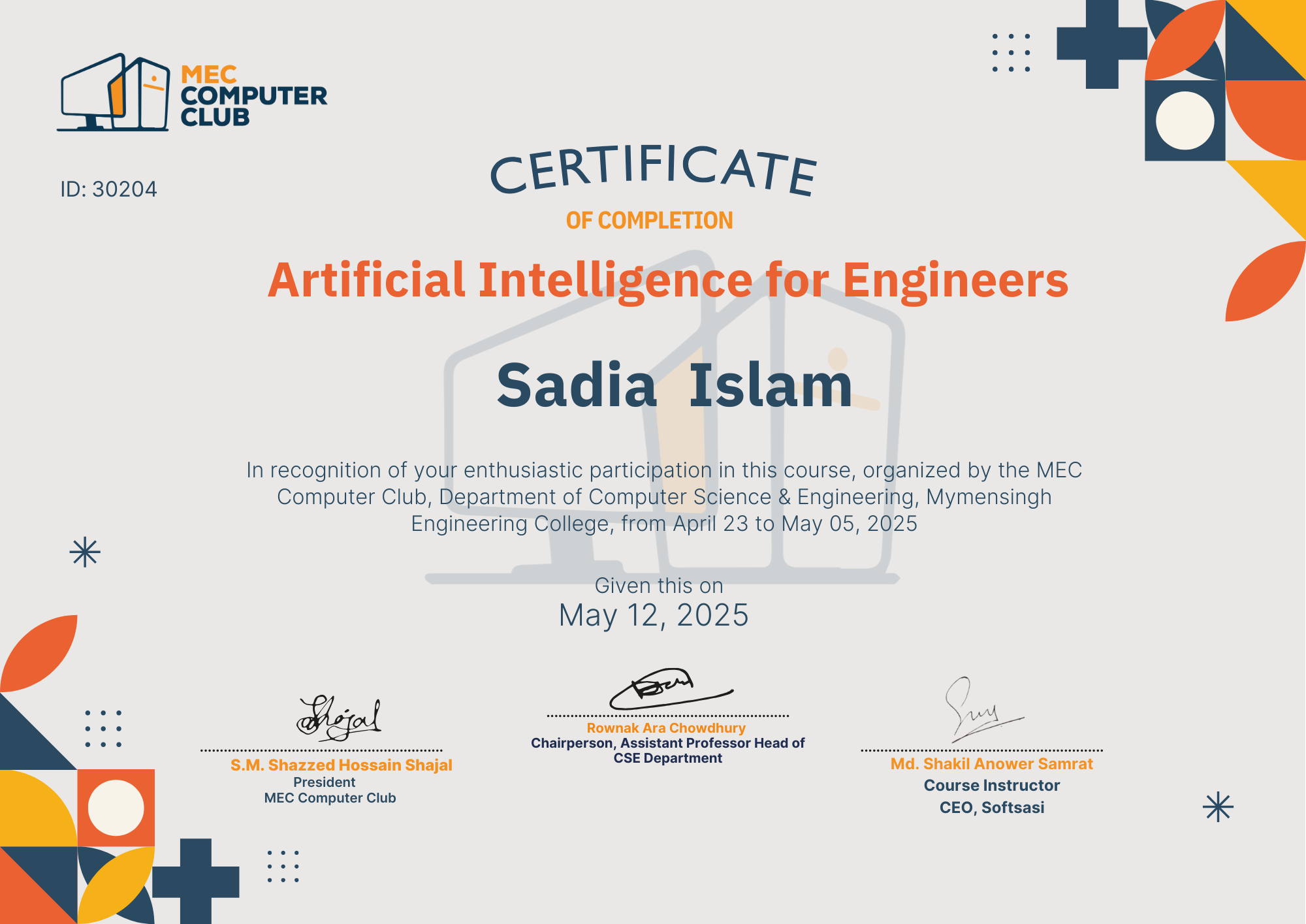 Verified Certificate COURSE-AI-30204