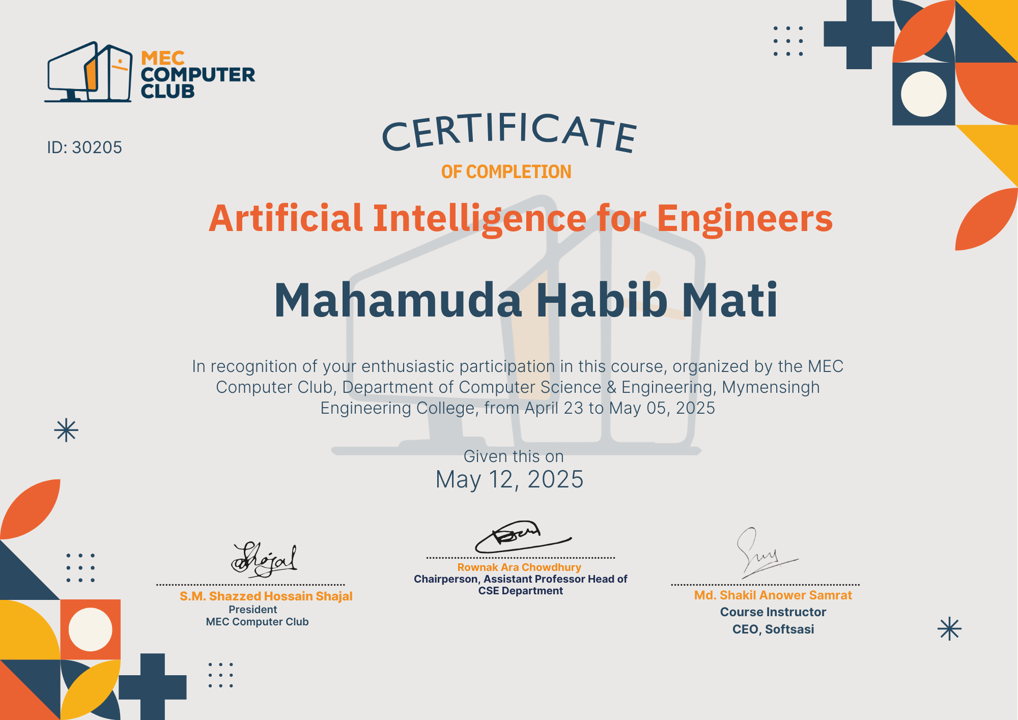 Verified Certificate COURSE-AI-30205