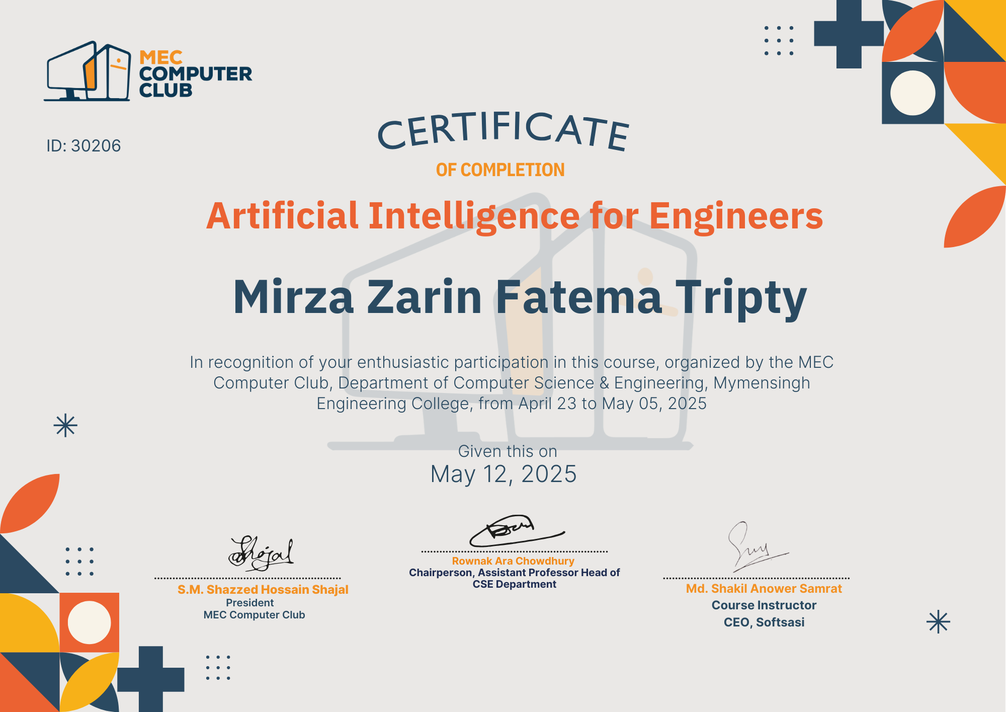 Verified Certificate COURSE-AI-30206