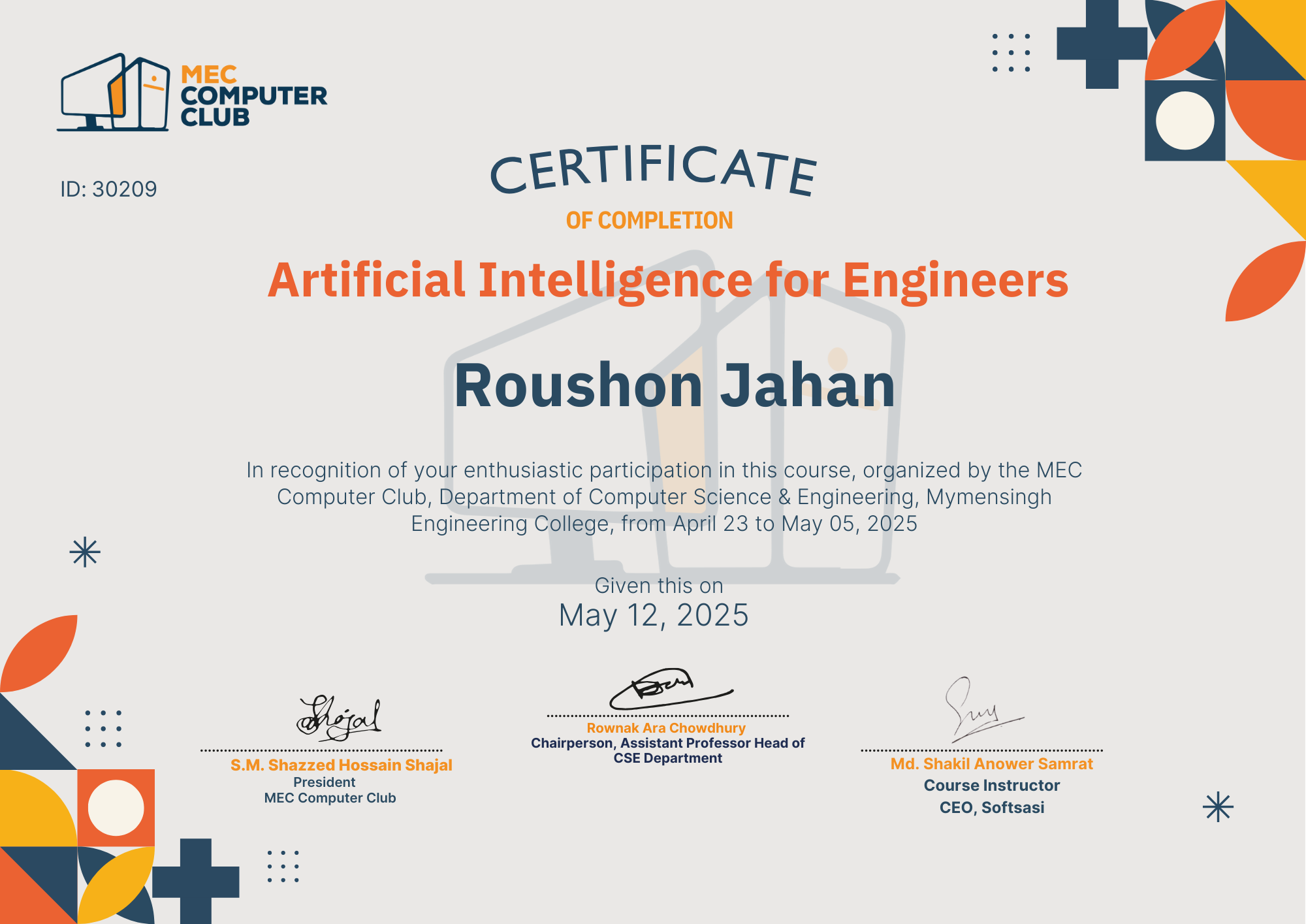 Verified Certificate COURSE-AI-30209