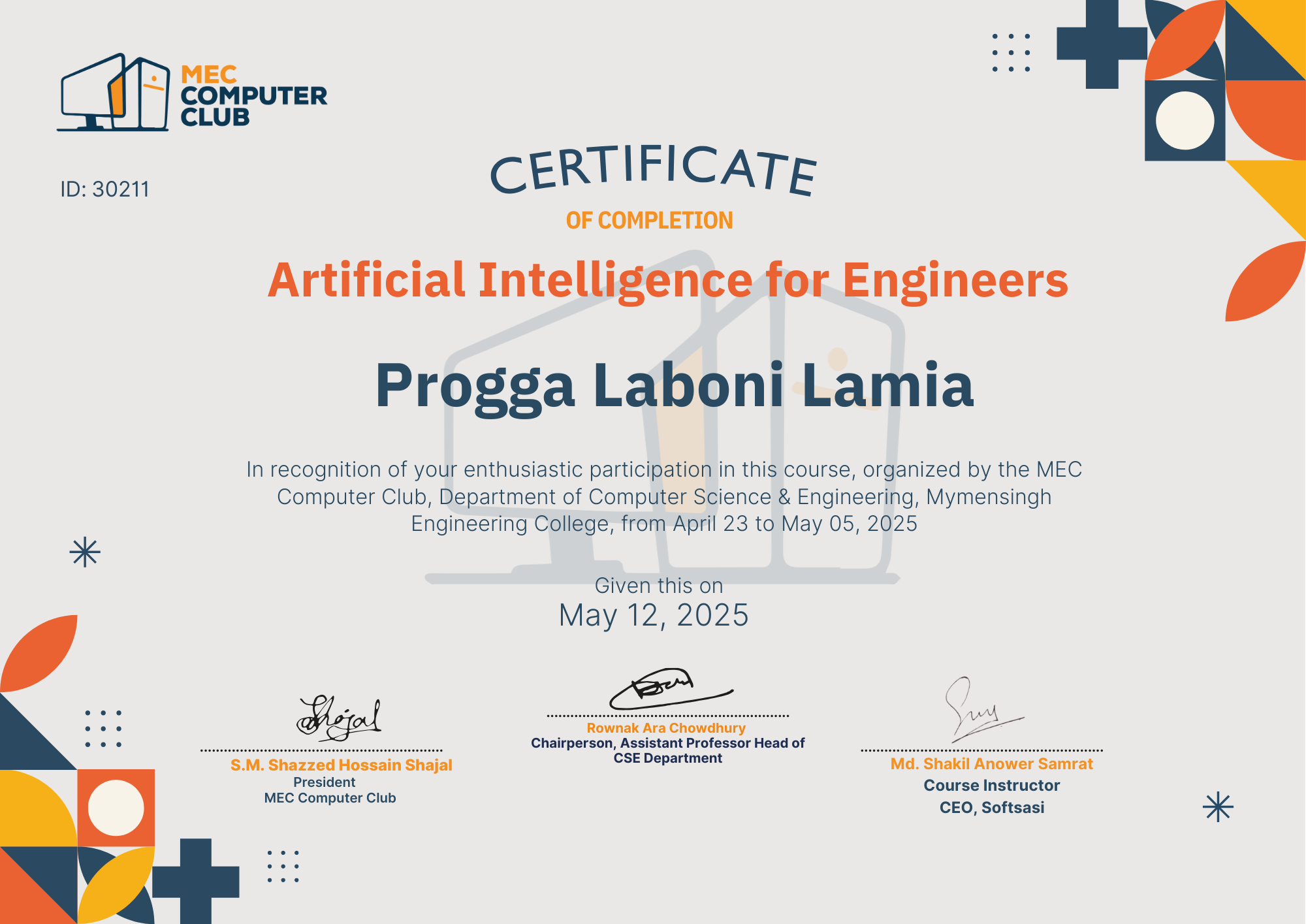 Verified Certificate COURSE-AI-30211