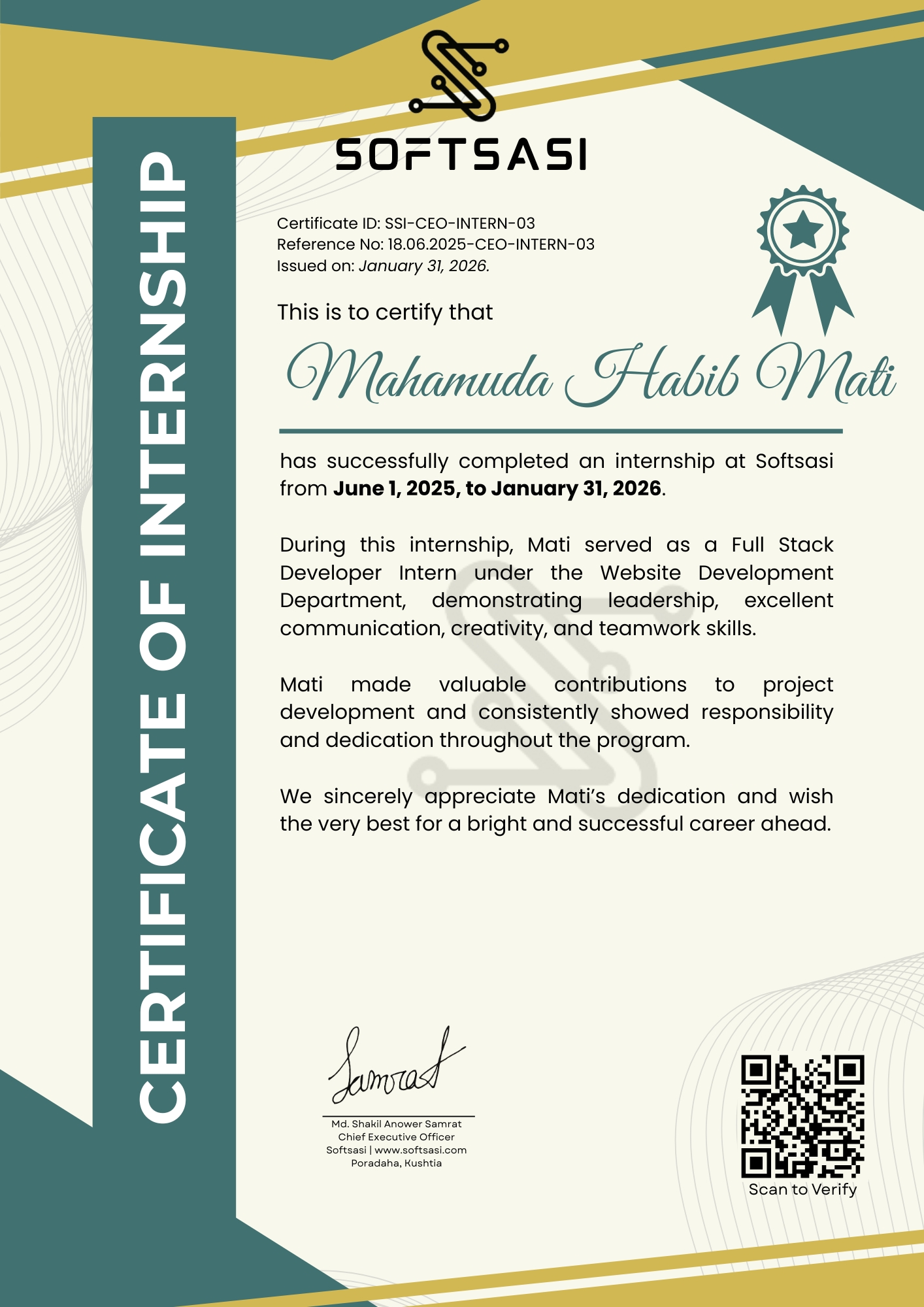 Verified Certificate SSI-CEO-INTERN-03