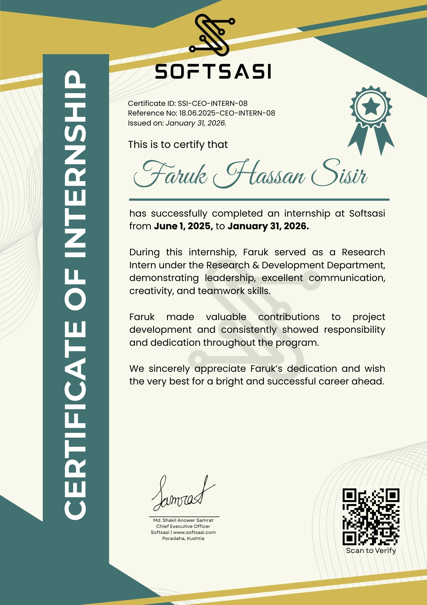 Verified Certificate SSI-CEO-INTERN-08